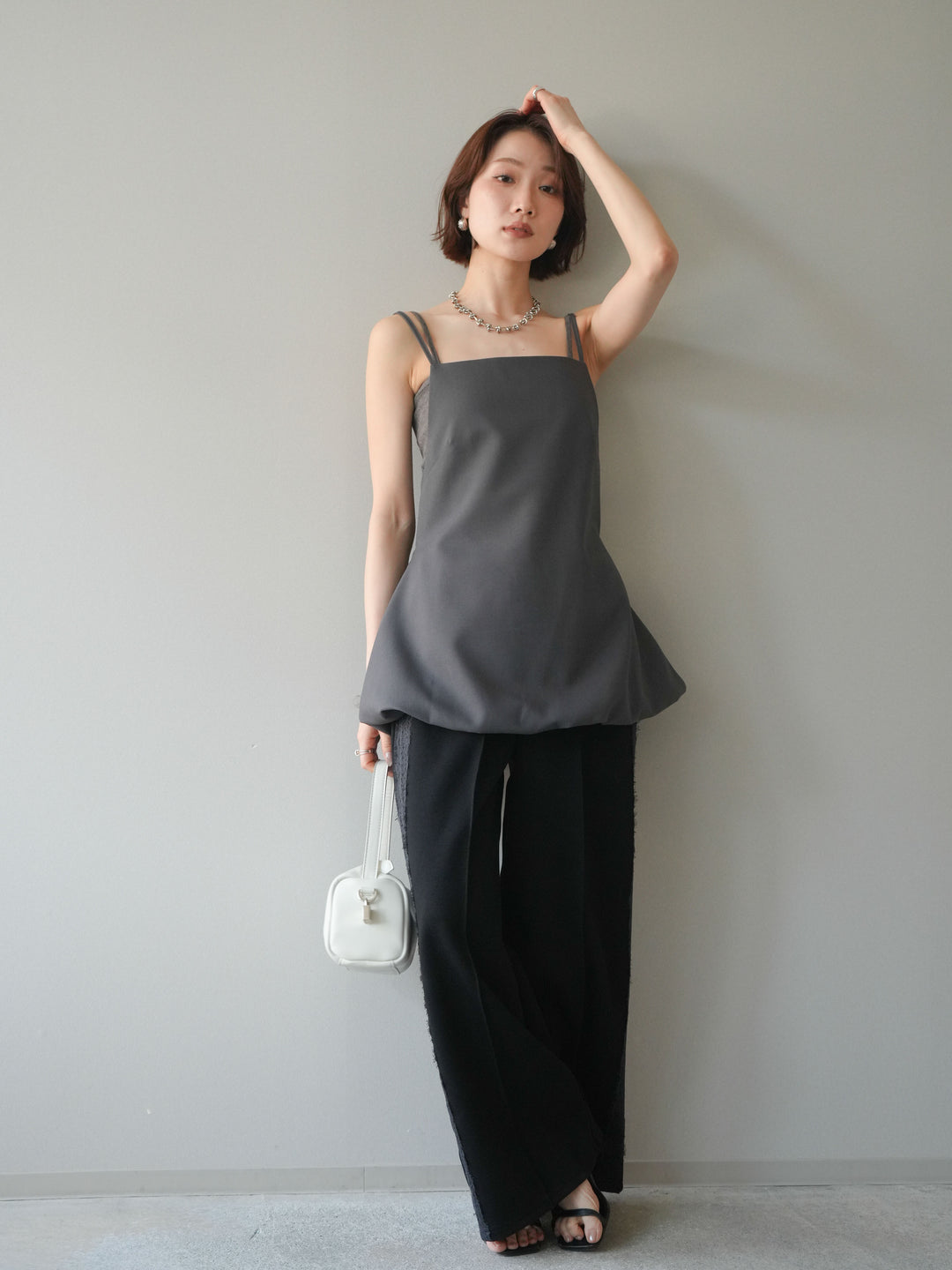 [SET]バックリボンバルーンチュニックキャミ+サイドレースポンチワイドパンツ(2set)