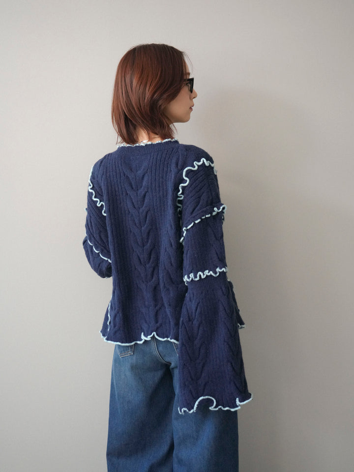 [SET]フロントリボン配色メローニットカーディガン+裏起毛裾フリンジワイドデニムパンツ(2set)