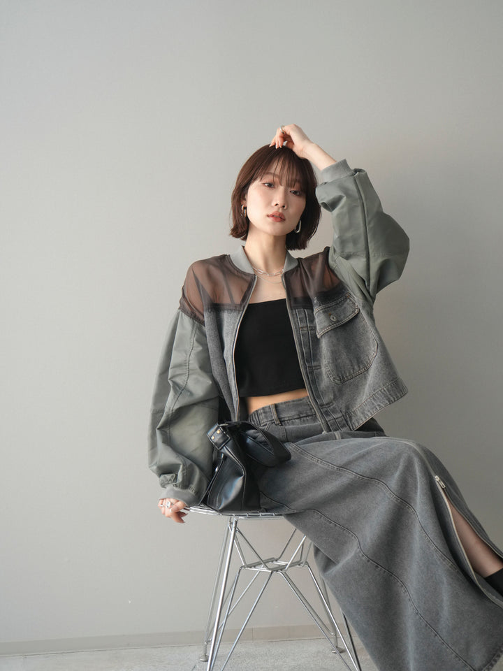 [SET]異素材デニムブルゾン+フロントジップデニムスカート(2set)