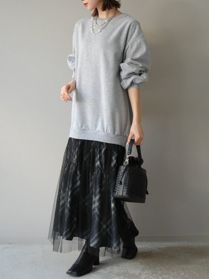 [予約]スウェットドッキングチェック柄レイヤードワンピース/グレー