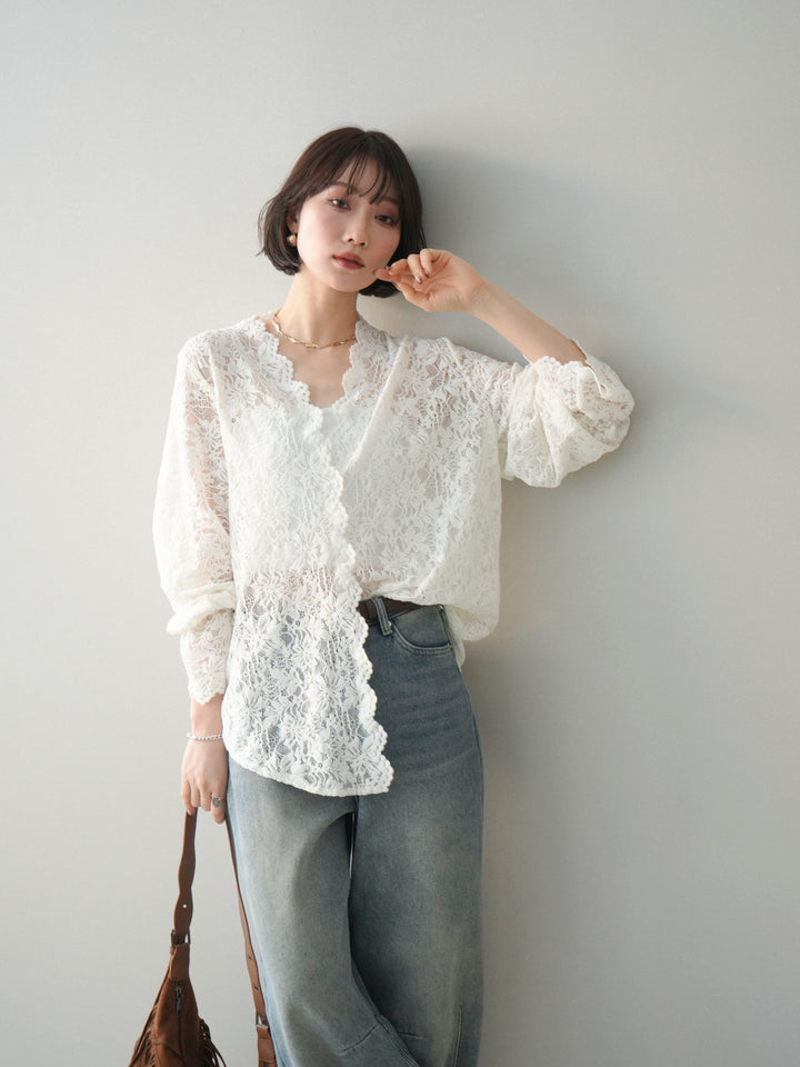 [予約]Vネックレースブラウス/white
