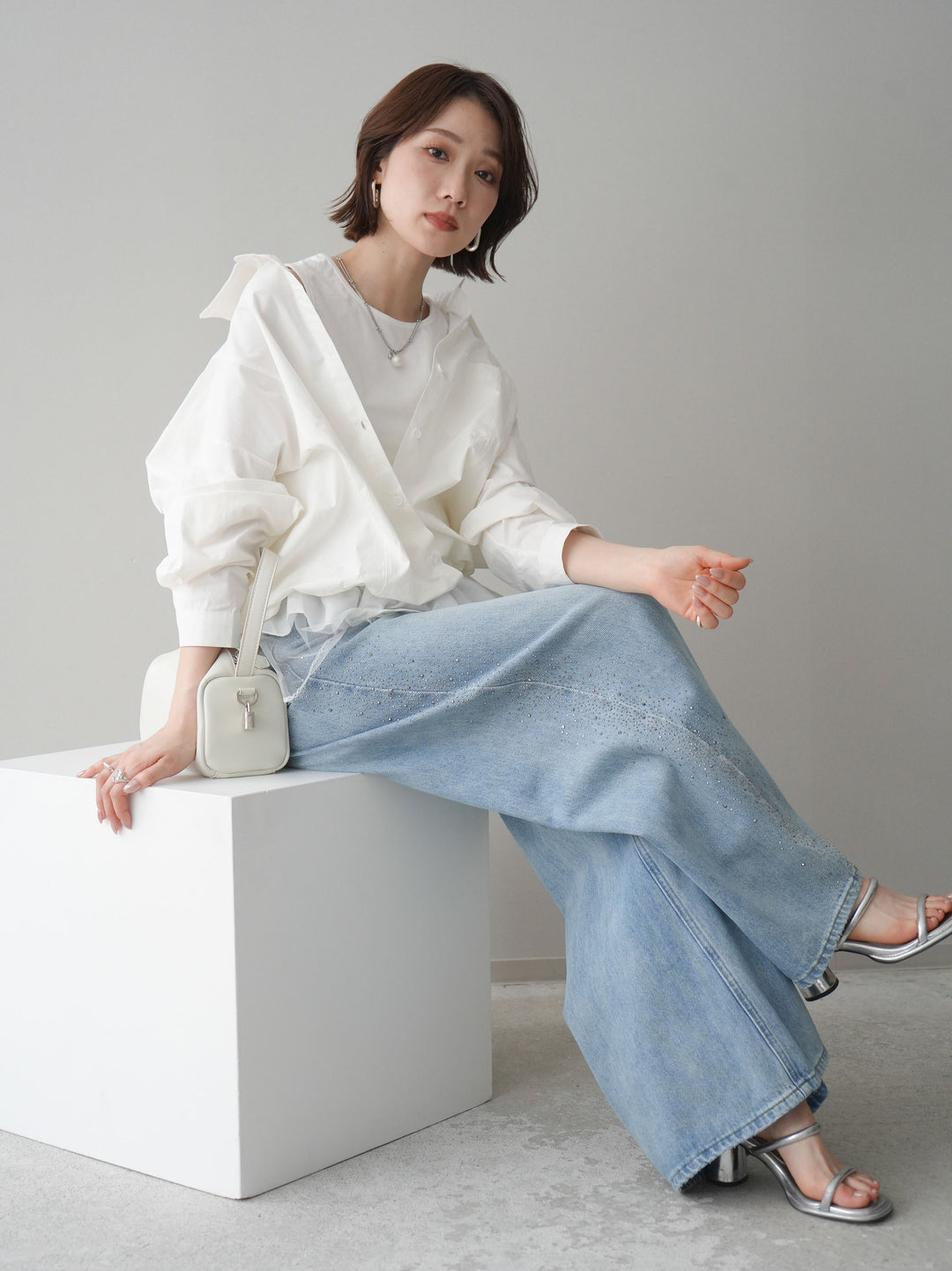 [予約]裾チュールノースリーブカットソー＆シャツドッキングトップス/white