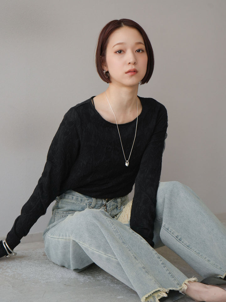 【預購】雙層紗布提花上衣/黑色