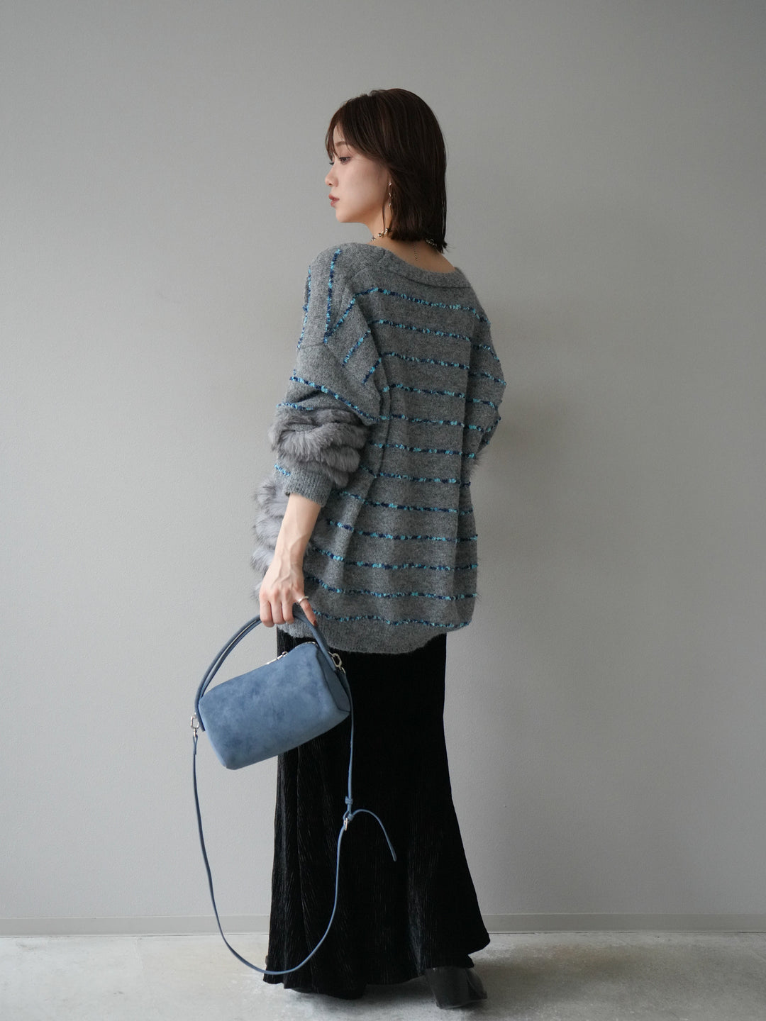 [SET]フェザーライン配色シャギーニットカーディガン+ベロアプリーツナロースカート(2set)