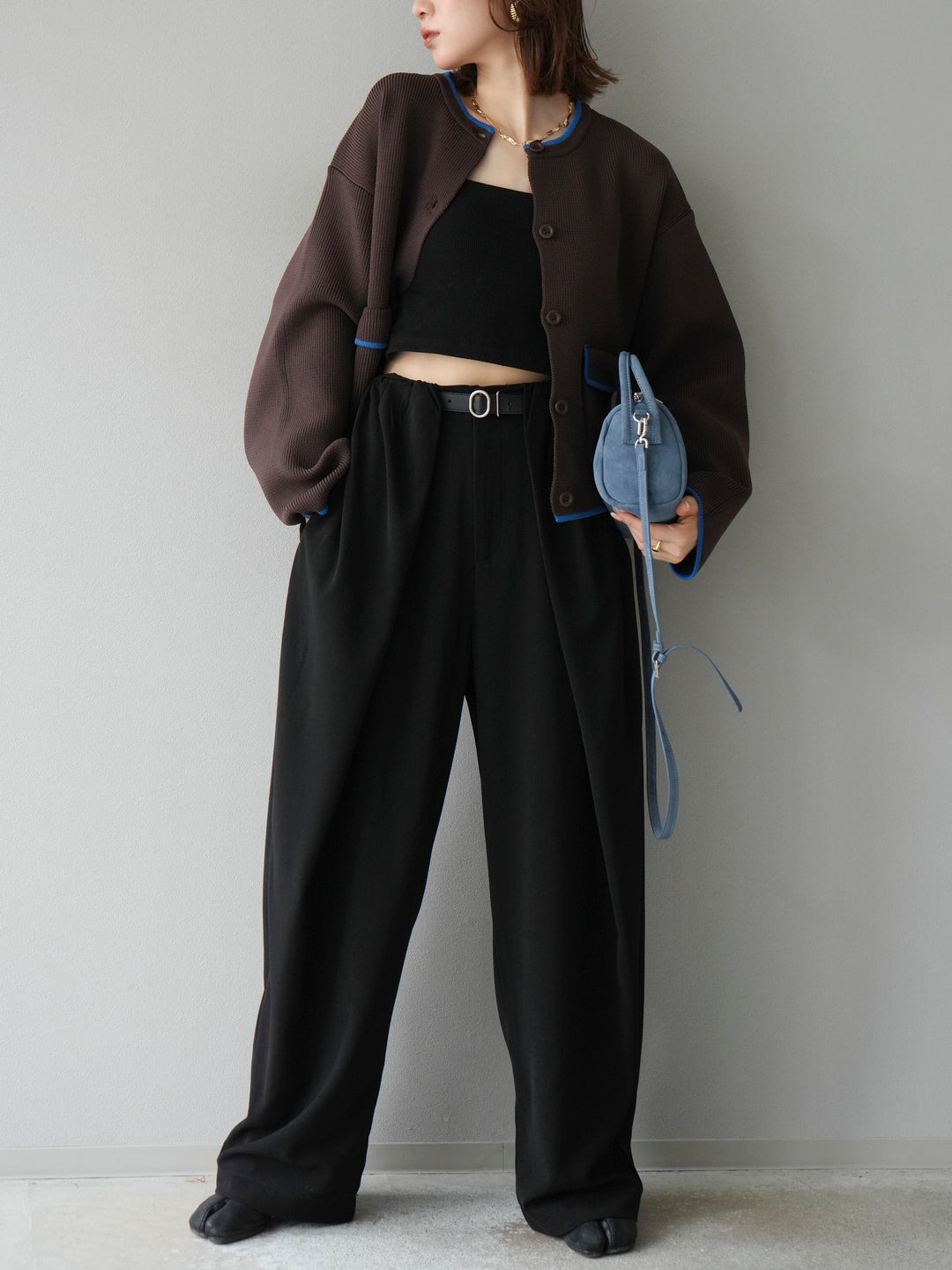 [予約]ポリエステル配色クルーネックカーディガン/ブラウン