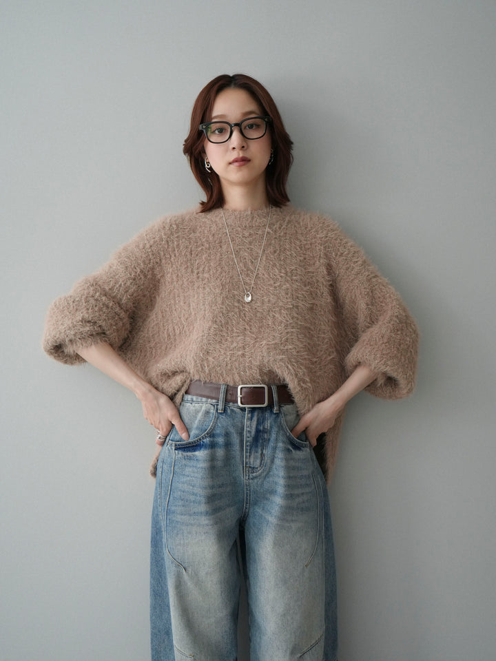 [SET]ボリュームスリーブシャギー MIXニットプルオーバー+ベルト付カーブデニムパンツ(2set)