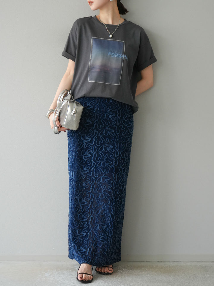 [予約]チュールレイヤードプリントTシャツ/チャコール