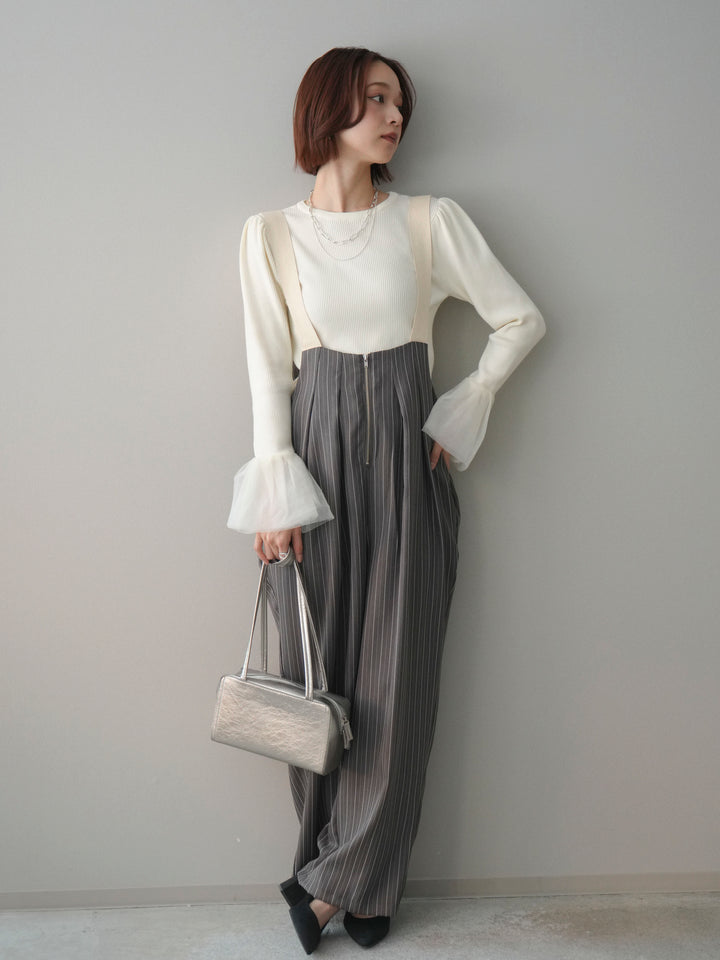 [予約]グログランテープストライプサロペット/charcoal