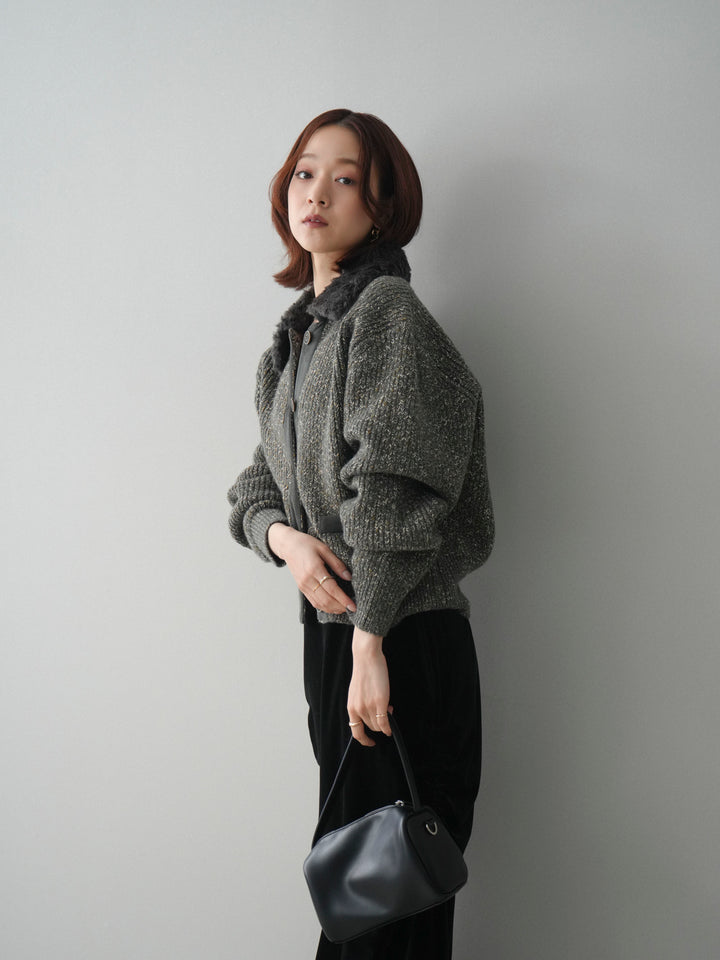 [SET]襟ボアミックスヤーンニットカーディガン+ギャザーベロアスカート(2set)