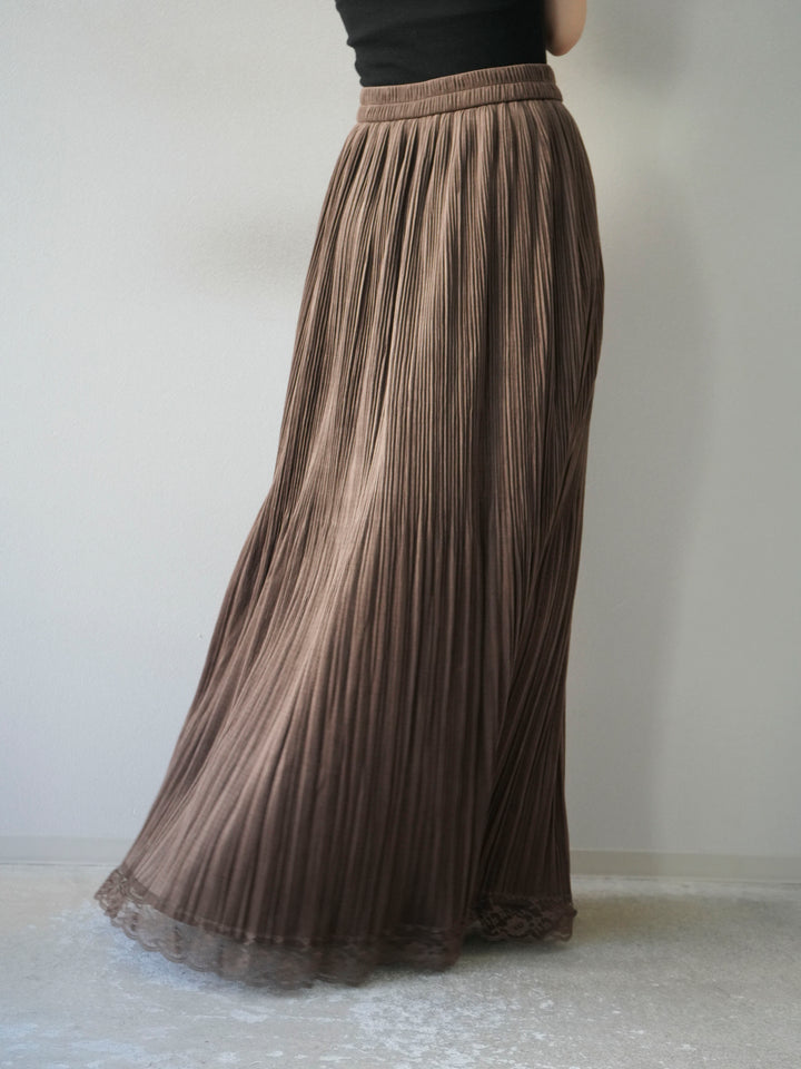 【預購】蕾絲襯裡麂皮褶皺長裙/棕色