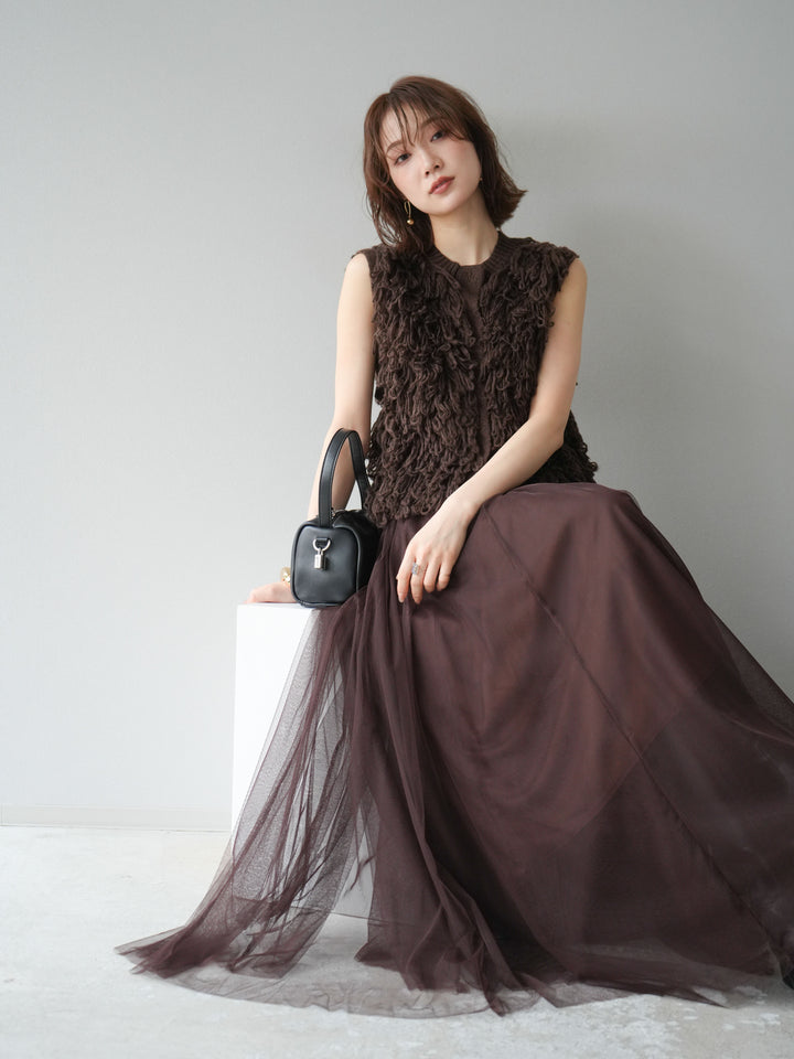 [SET] 前開衩針織背心 + 薄紗蓬鬆裙 (2 件套)