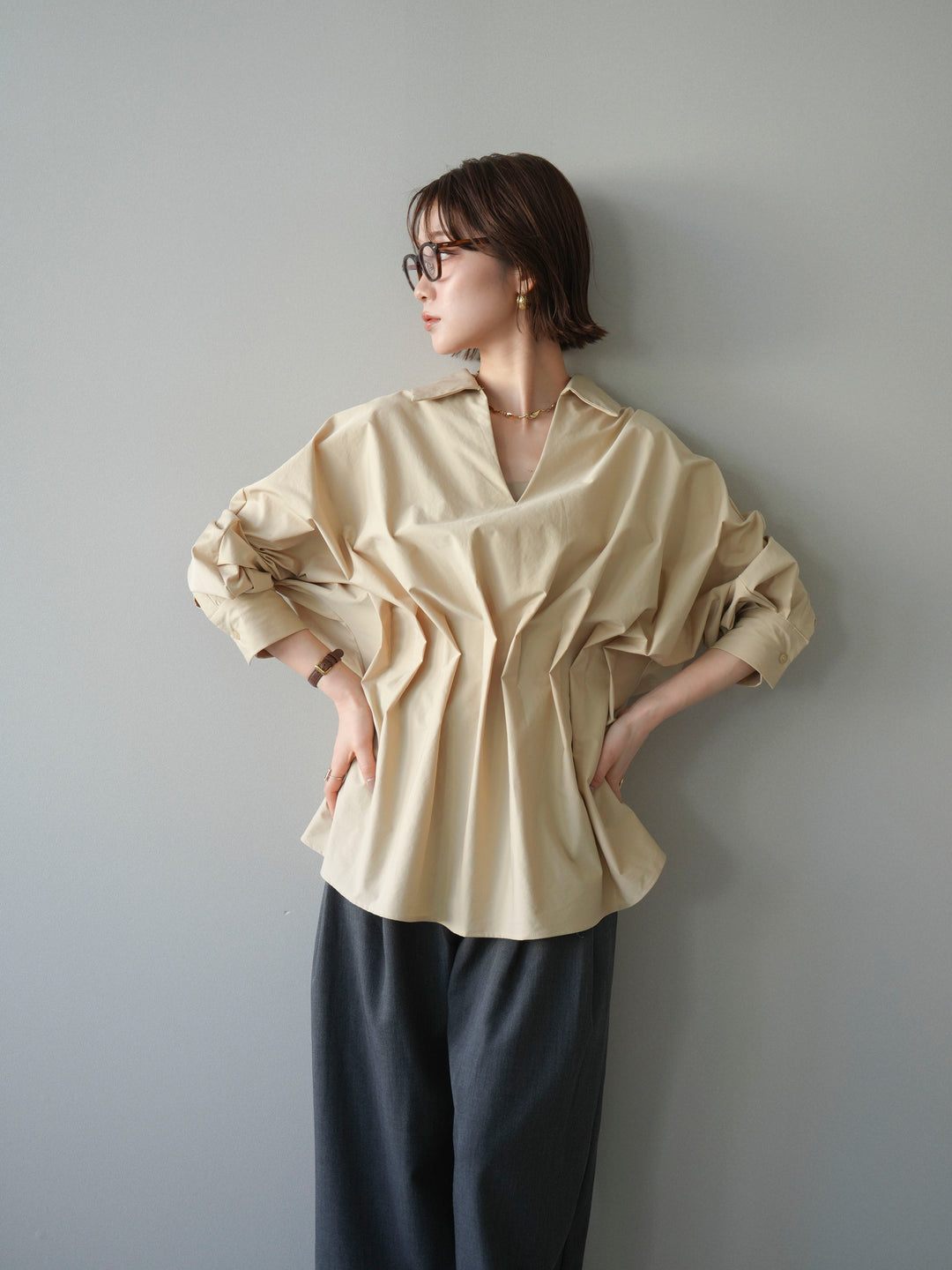 [予約]ウエストギャザースキッパーシャツ/beige