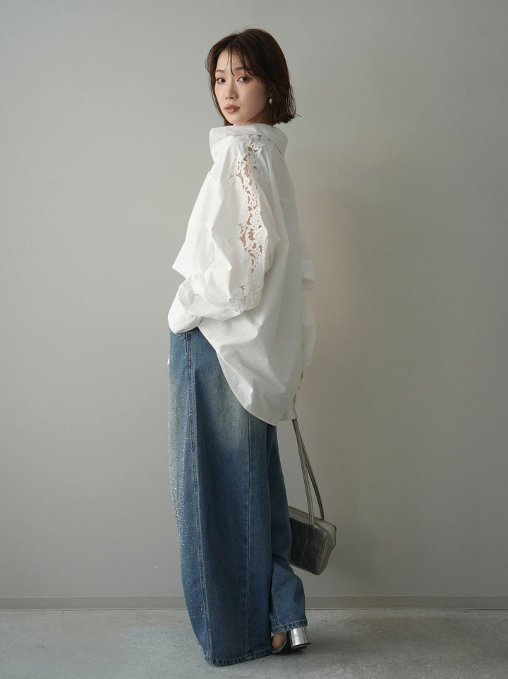 [SET]アームレースブロードシャツ+フロントビジューカーブデニムパンツ(2set)