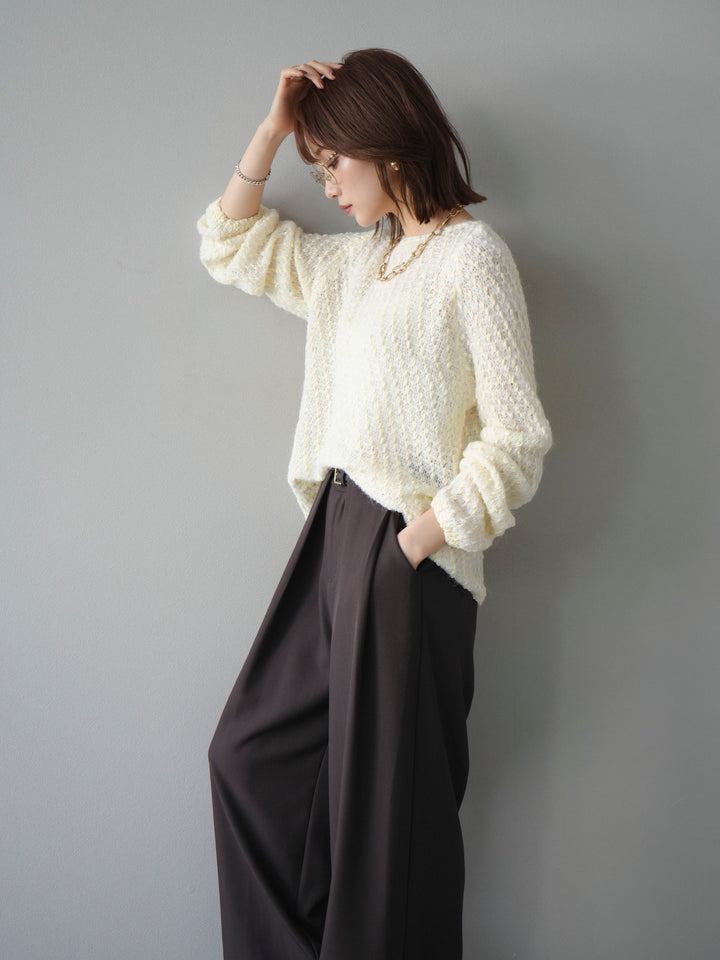 【着回しセット】[SET]求心柄クロップドニットカーディガン+異素材ミックスヤーンニットプルオーバー+ベルトループデザインワイドパンツ(3set)