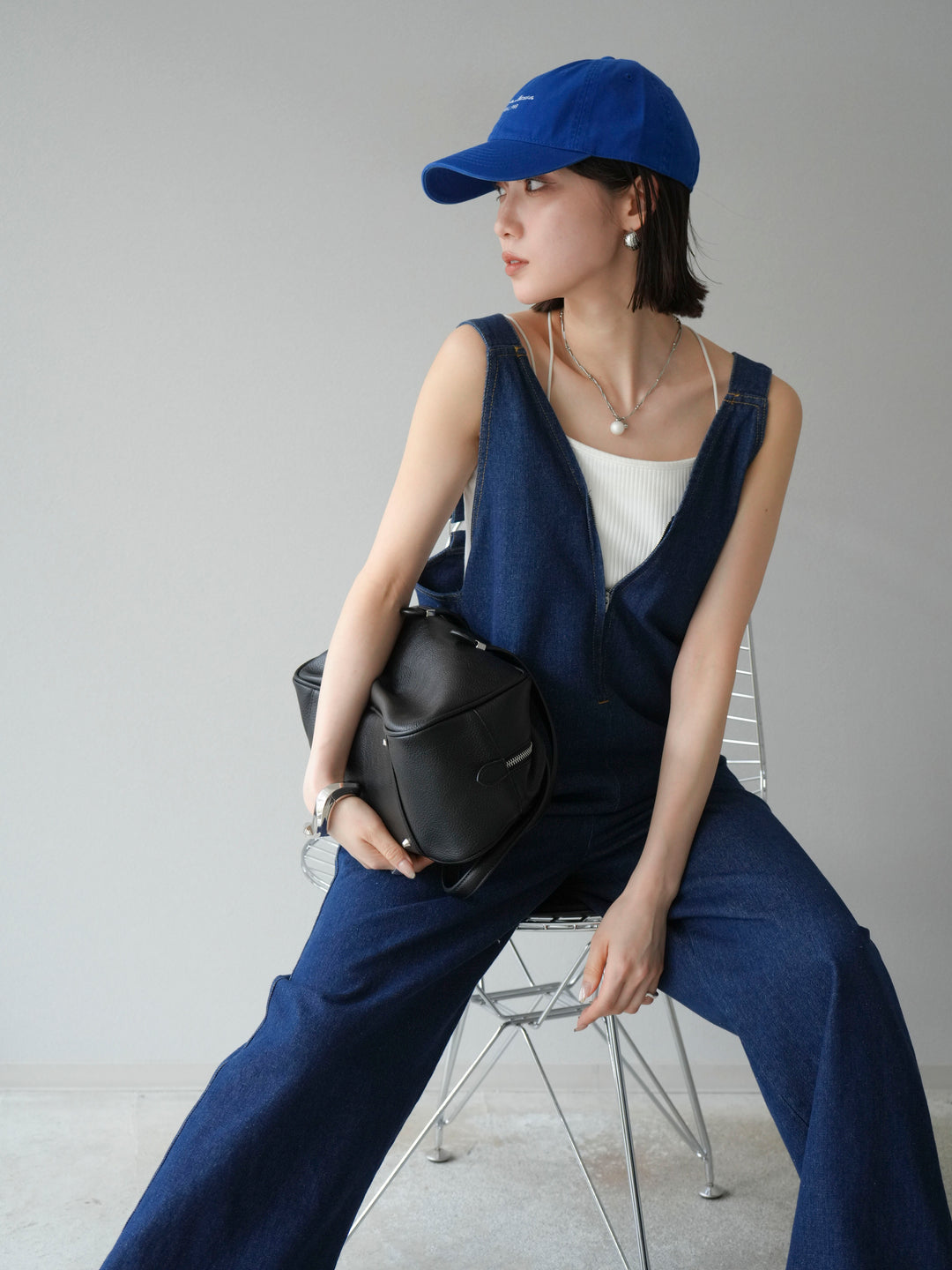 [予約]フロントZIP Vネックデニムサロペット/インディゴ