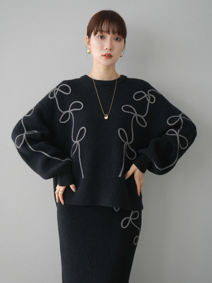 [予約]コード刺繍ルーズニットプルオーバー/ブラック