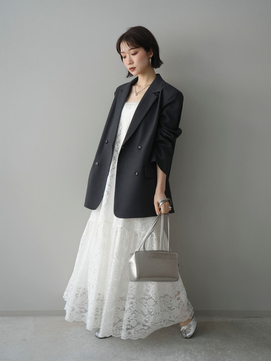 [SET]ギャザー切替レースキャミワンピース+ダブルブレストオーバージャケット(2set)