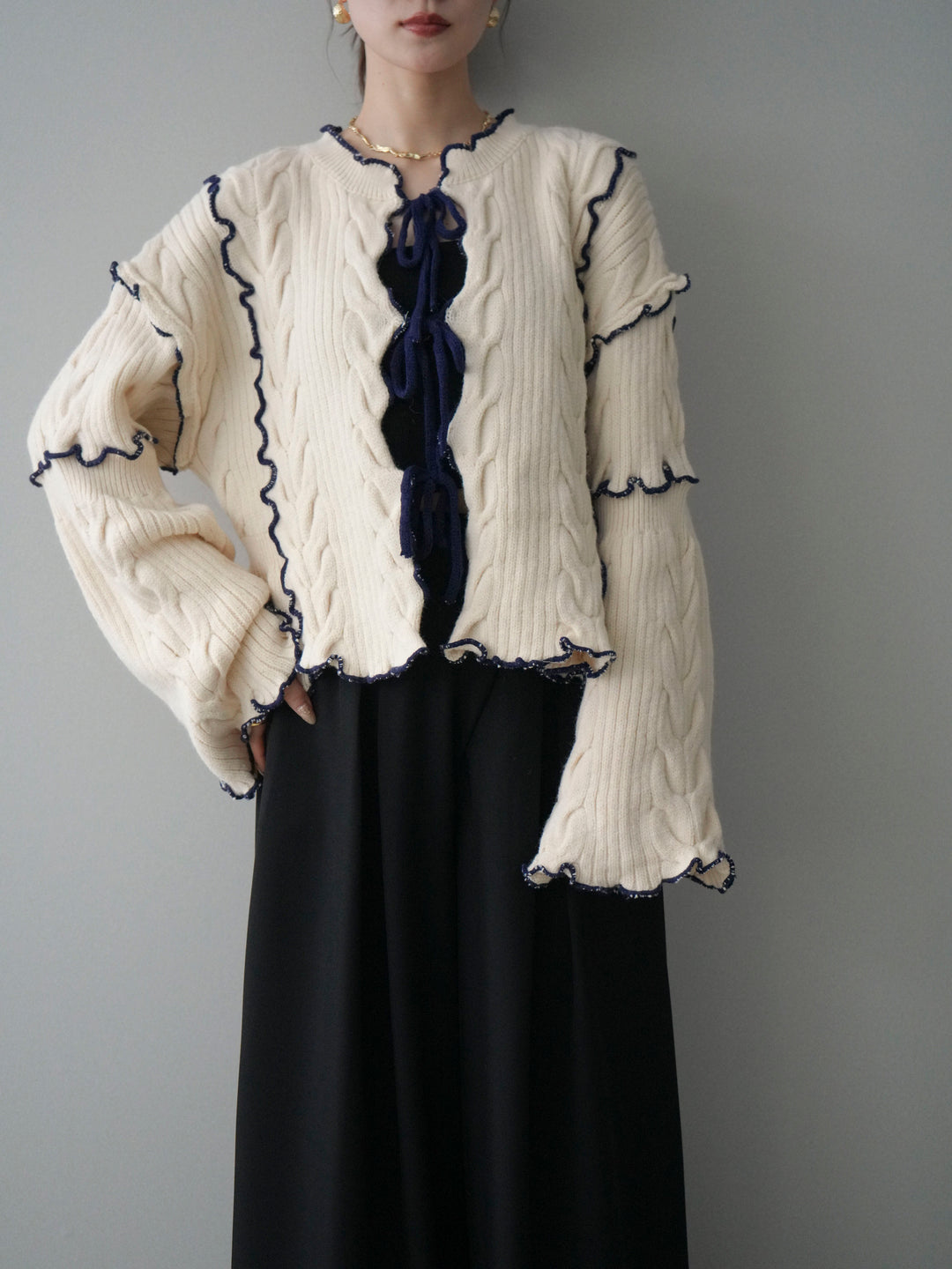 [SET]フロントリボン配色メローニットカーディガン+選べるアクセセット(2set)