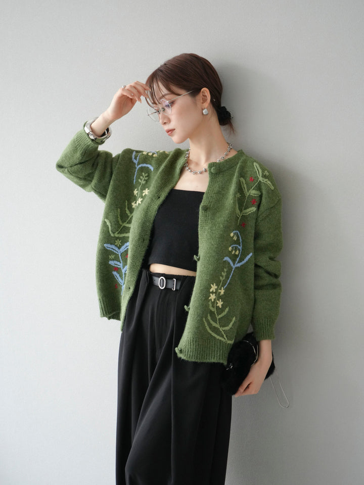 [SET]フラワー刺繍ニットカーディガン+ベルト付タックワイドパンツ(2set)