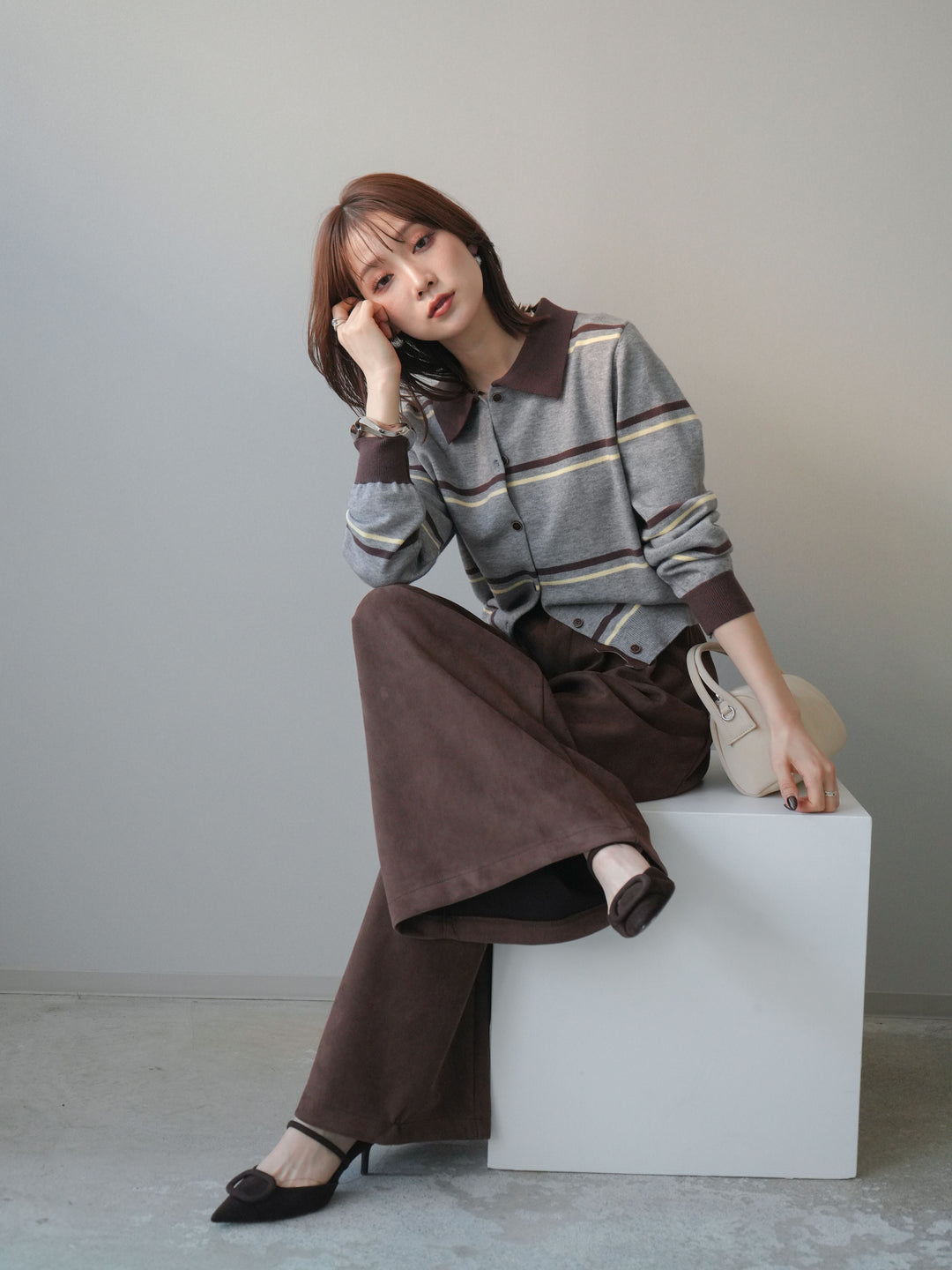 [予約]配色マルチボーダーポロニットカーディガン/gray