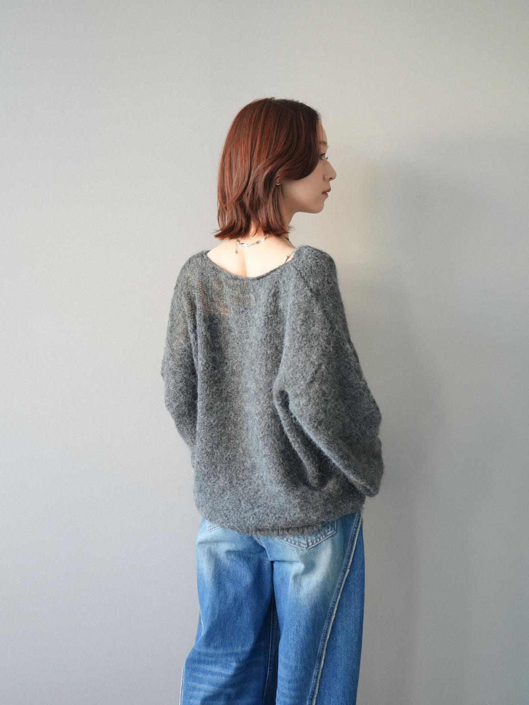 [SET]透かしデザインニットプルオーバー+サイドフリンジワイドデニムパンツ(2set)