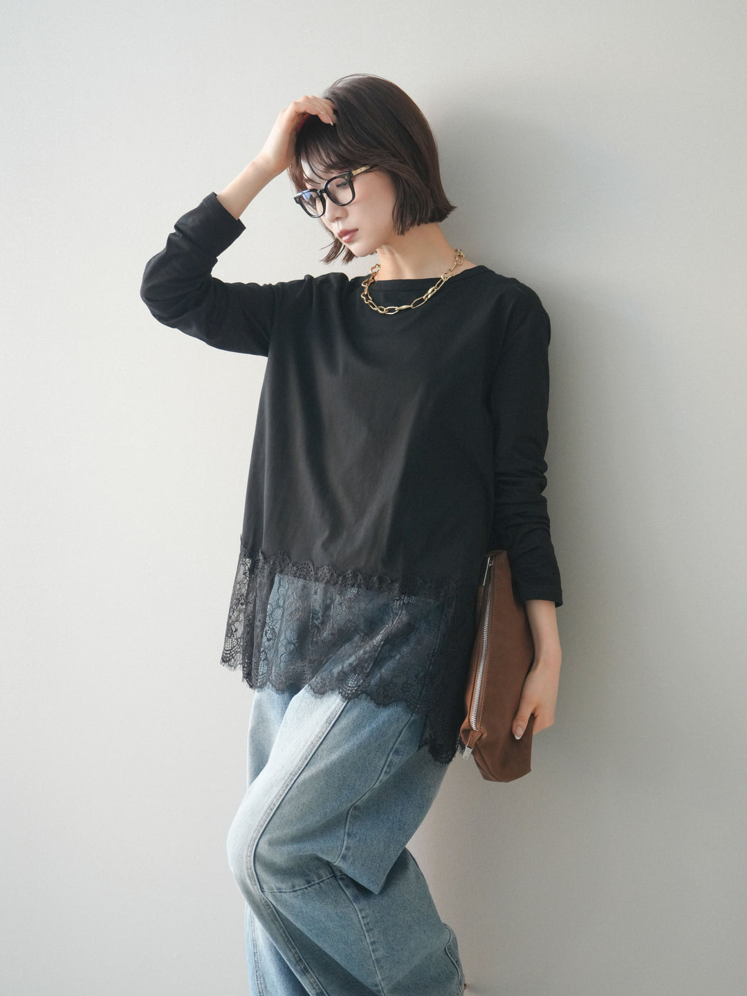 [SET]裾レースロングスリーブTシャツ+選べるアクセセット(2set)