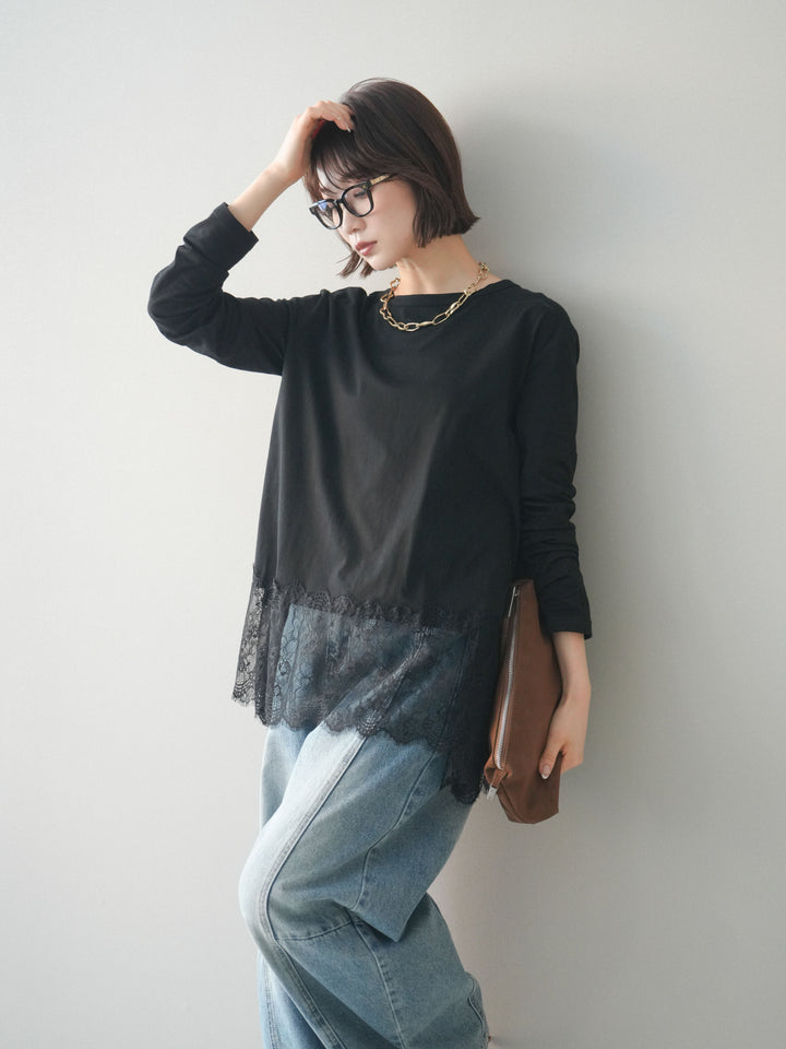 [SET]裾レースロングスリーブTシャツ+選べるアクセセット(2set)