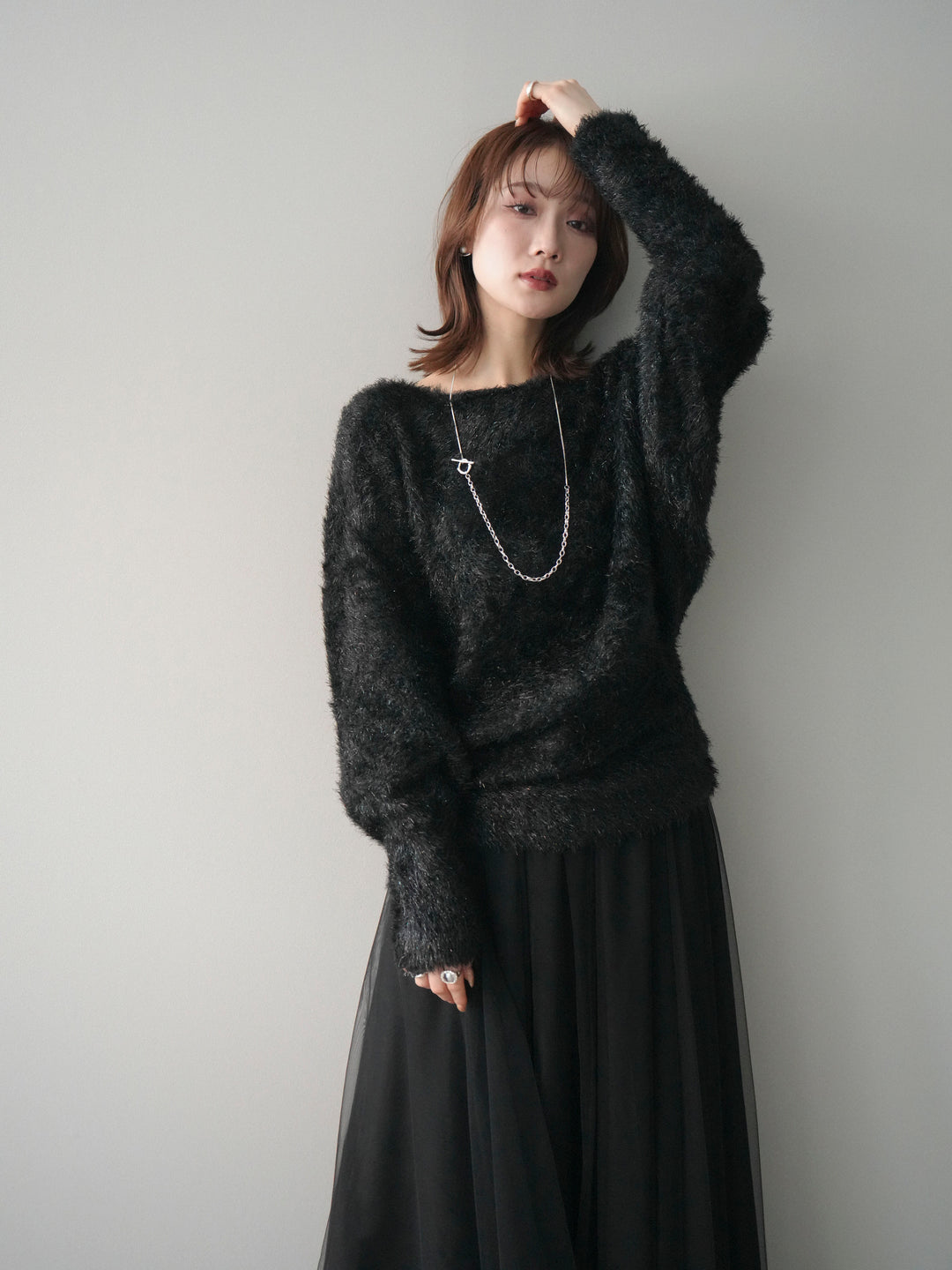 [予約]ラメシャギードルマンニットプルオーバー/black