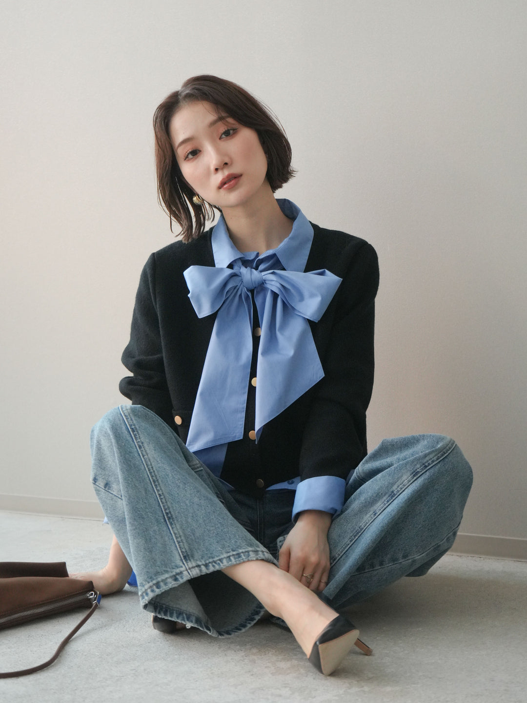 [SET]ゴールドボタンノーカラーニットジャケット+選べるアクセセット(2set)