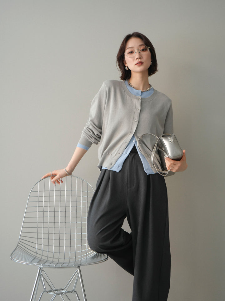 [予約]配色レイヤードコットンアクリルニットカーディガン/mokugray