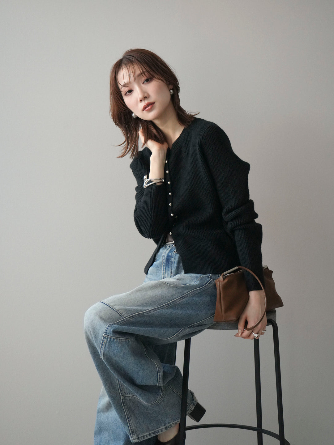 [予約]シルバーボタン畦編みニットカーディガン/black