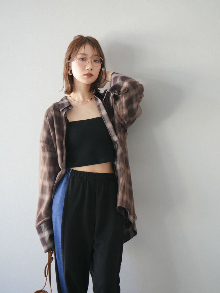 [予約]チュールドッキングチェック柄オーバーサイズシャツ/ブラウン