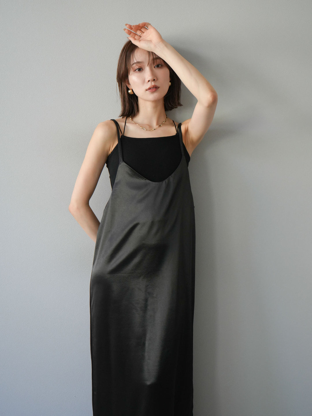 [予約]サテンキャミワンピース/ブラック