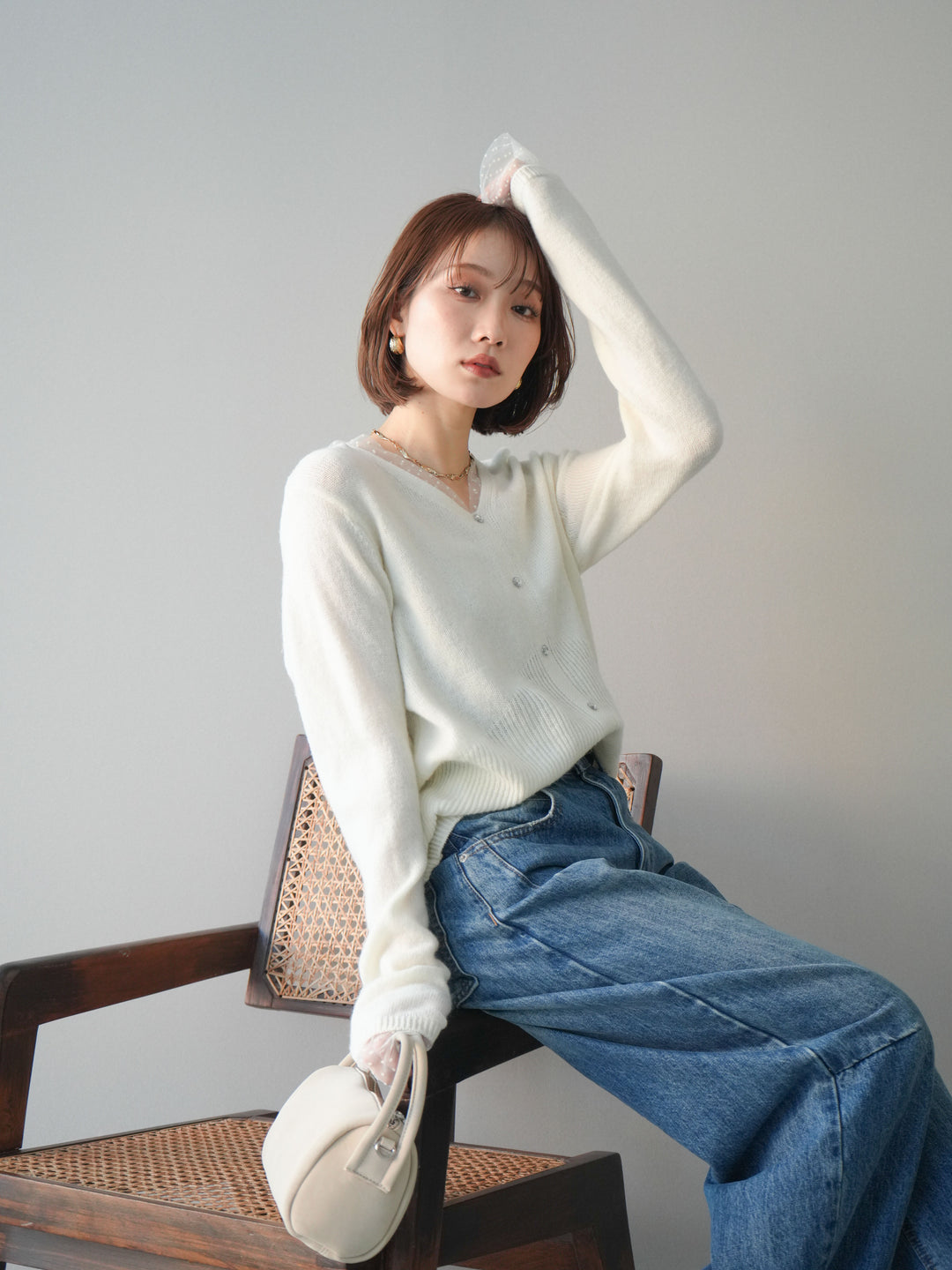 [SET]ドットチュールレイヤードボタンニットトップス+選べるアクセセット(2set)