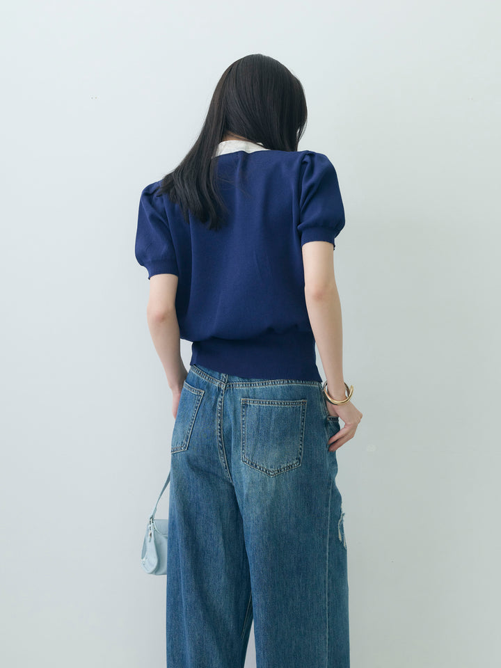【套裝】雙色泡泡袖開襟衫 + 雙色泡泡袖開襟衫（2件套裝）