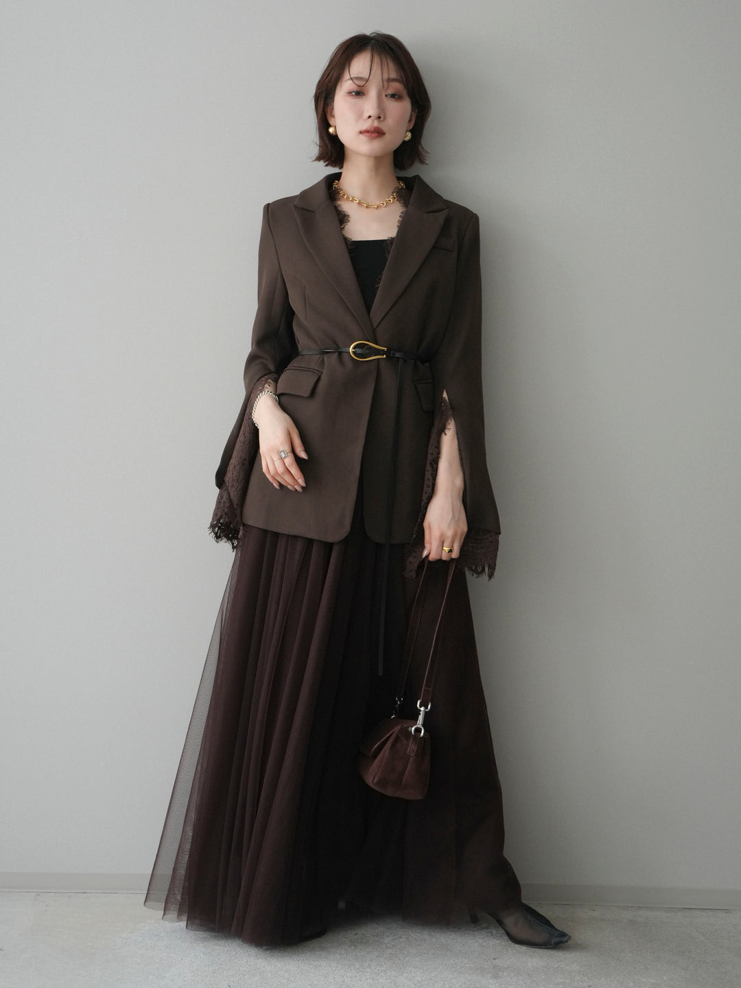 [SET]レースレイヤードスリットジャケット+チュールボリュームスカート(2set)