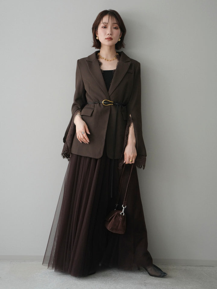 [SET]レースレイヤードスリットジャケット+チュールボリュームスカート(2set)