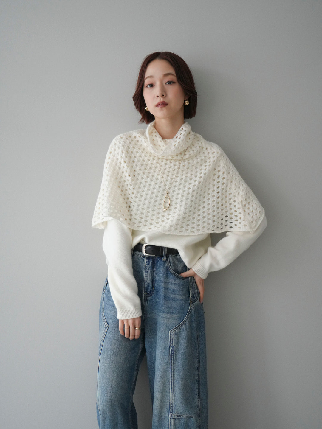 [予約]メッシュケープアンサンブルニットプルオーバー/white