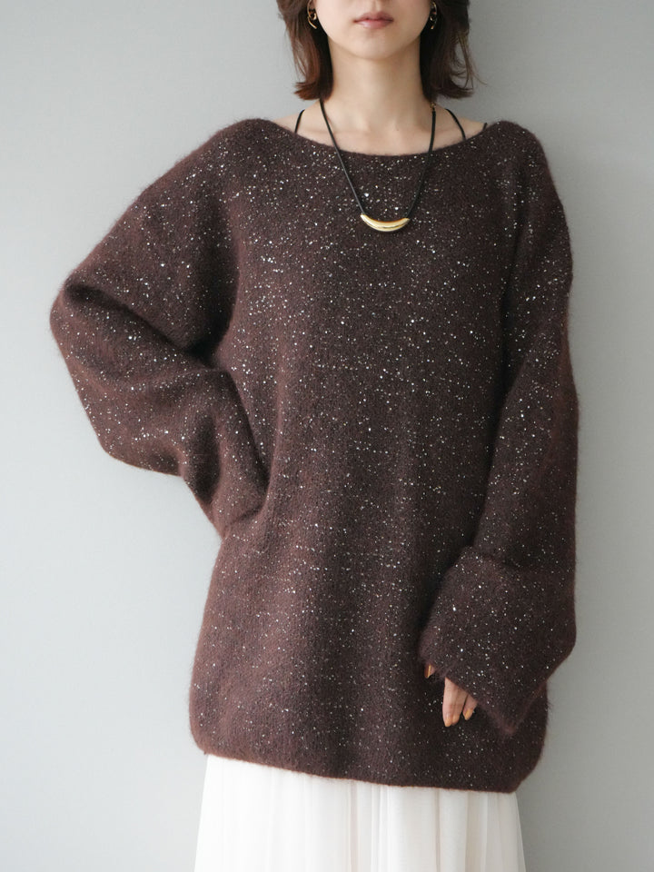 [予約]スパンコールミニシャギーニットチュニック/brown