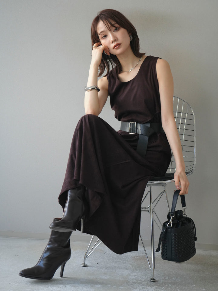 [予約]スエードアウトシームデザインベルト付ワンピース/bordeaux