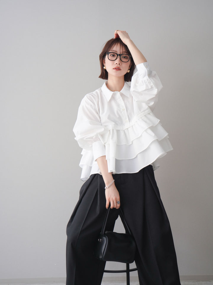 [SET]ブロードティアードショートシャツ+TRツイルデザインタックワイドパンツ(2set)