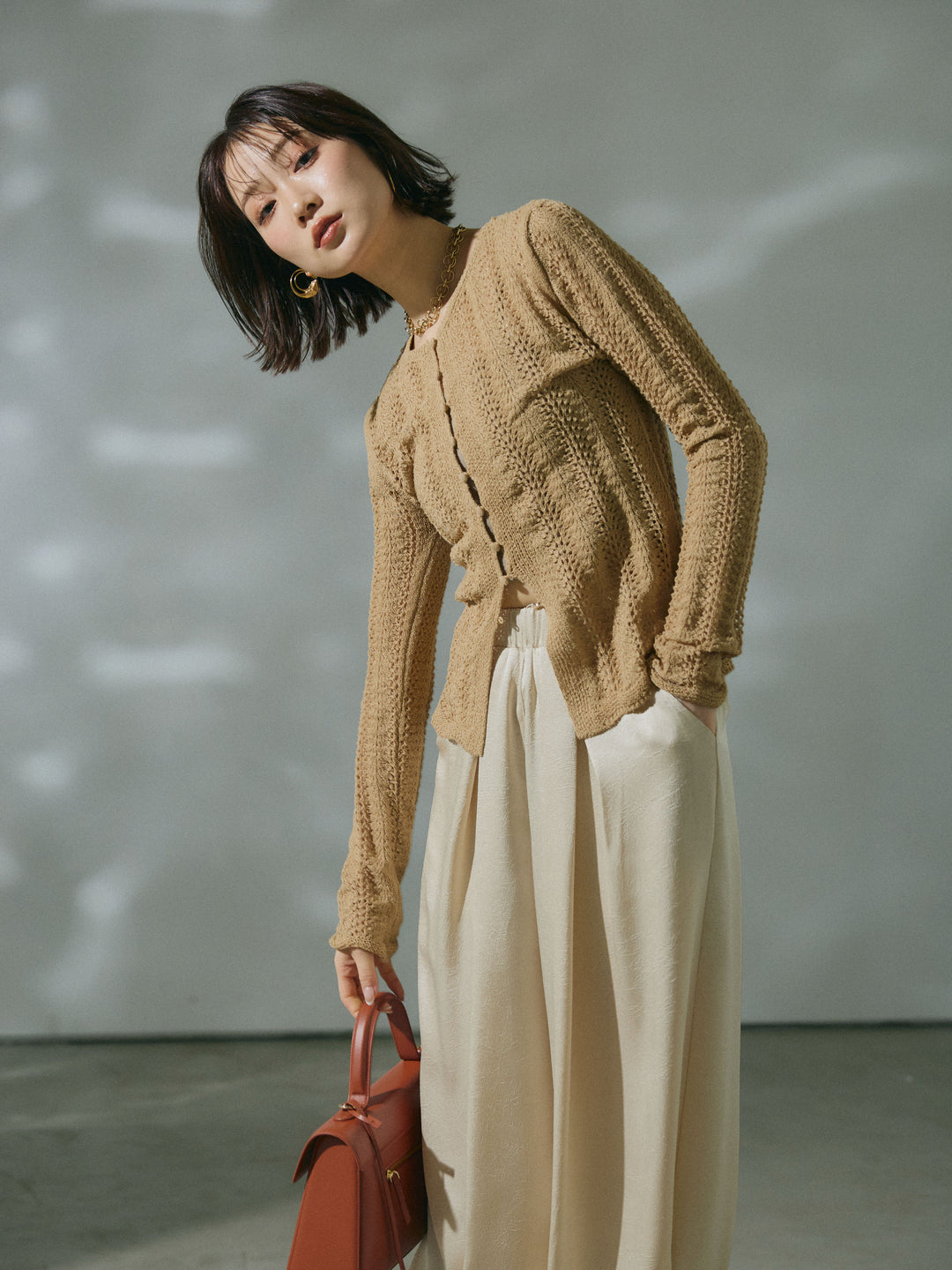 [予約]透かし編みニットカーディガントップス/beige