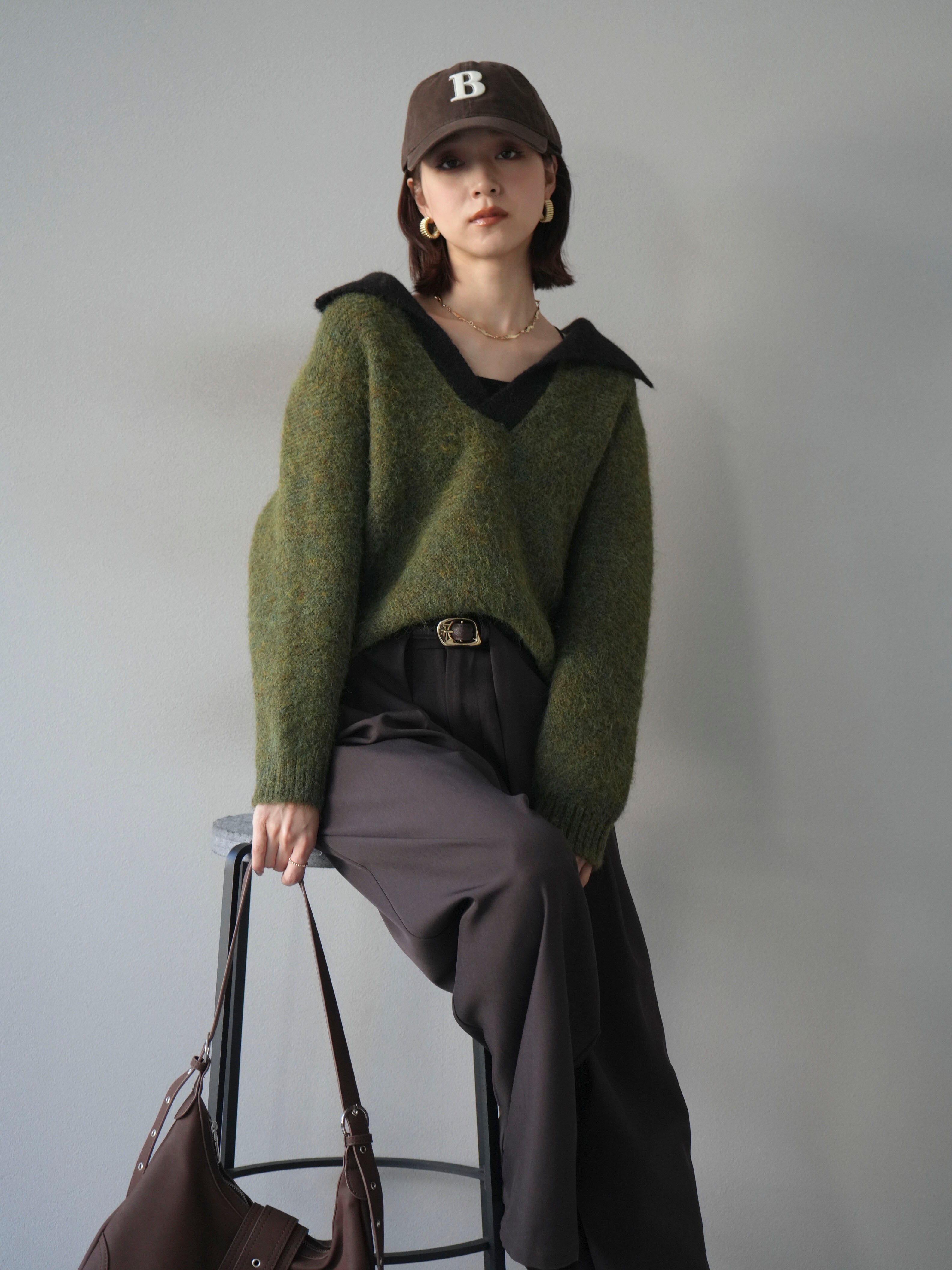 SET]バイカラー襟付きニットプルオーバー+ベルトループデザインワイド