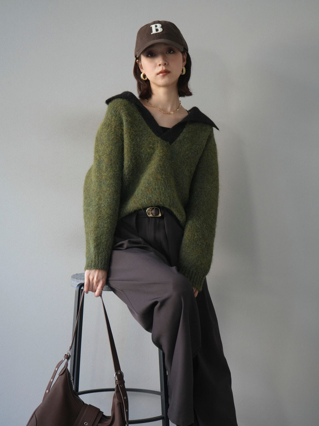 [SET]バイカラー襟付きニットプルオーバー+ベルトループデザインワイドパンツ(2set)