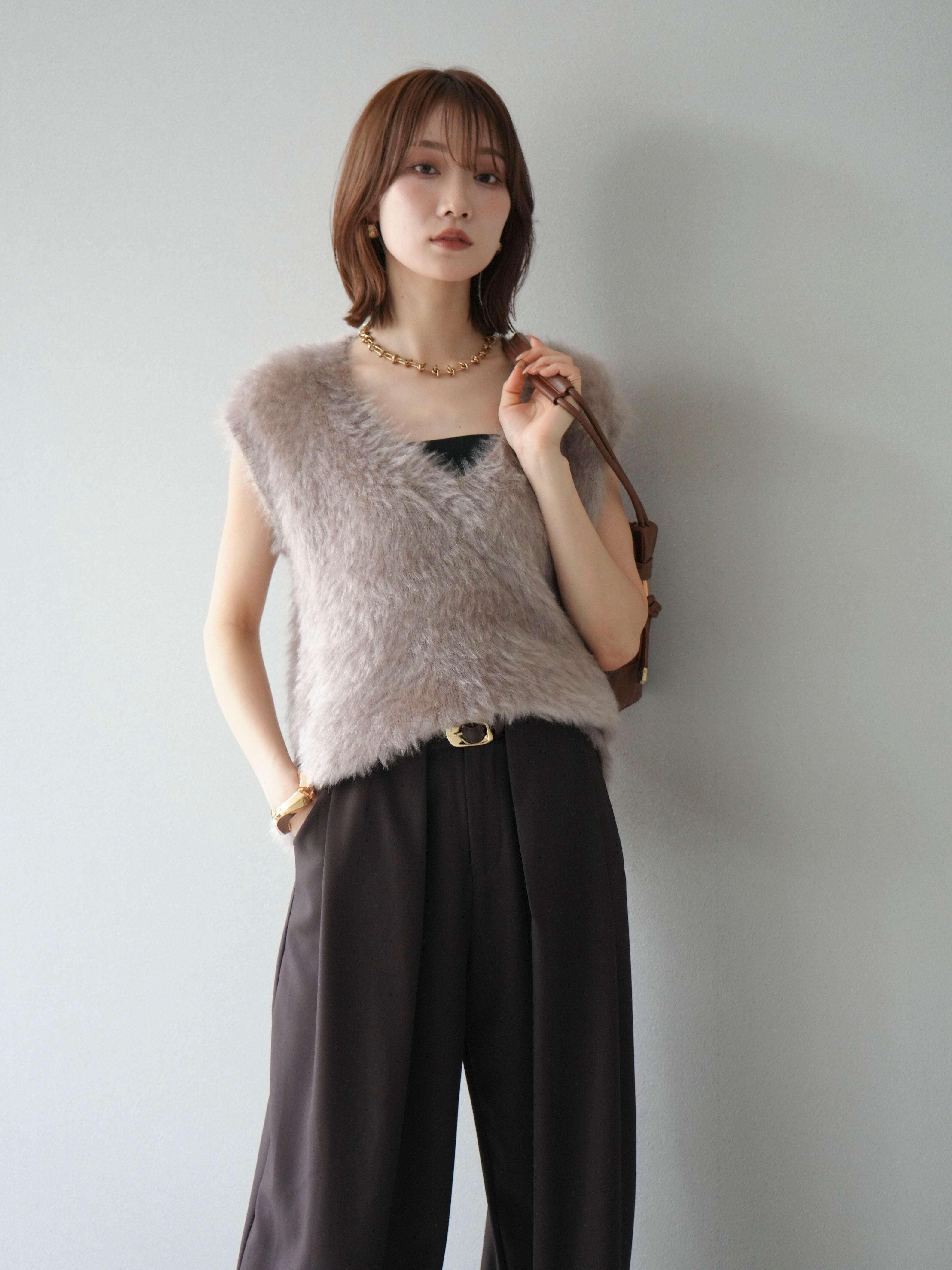 SET]ラメシャギーVネックニットベスト+ベルトループデザインワイド