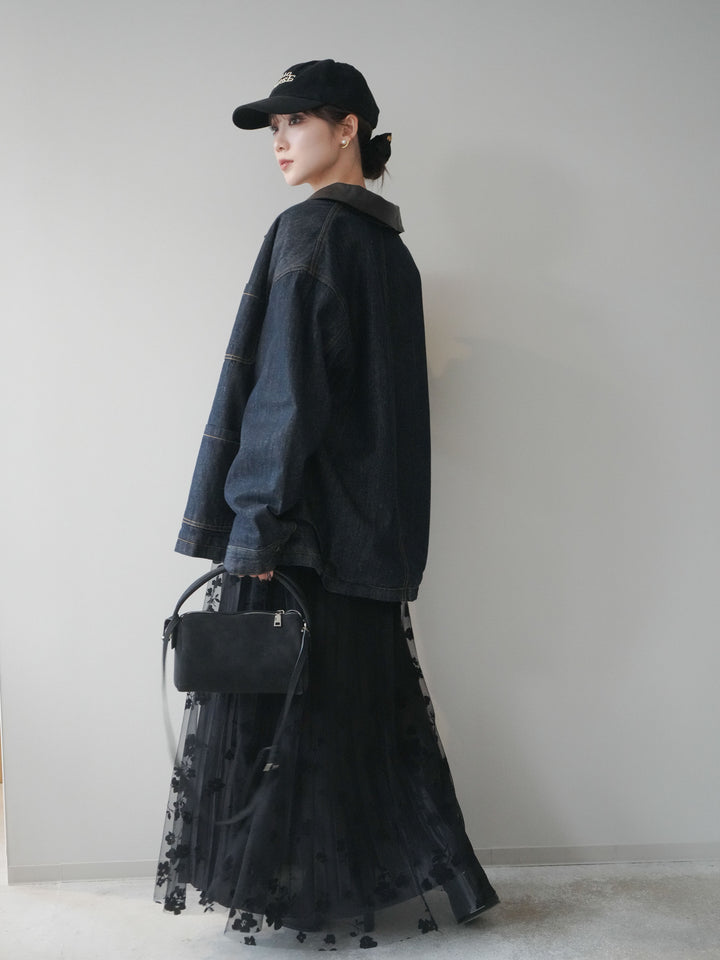 [SET]裏地ファーデニムフライトジャケット+フラワーフロッキーチュールプリーツスカート(2set)