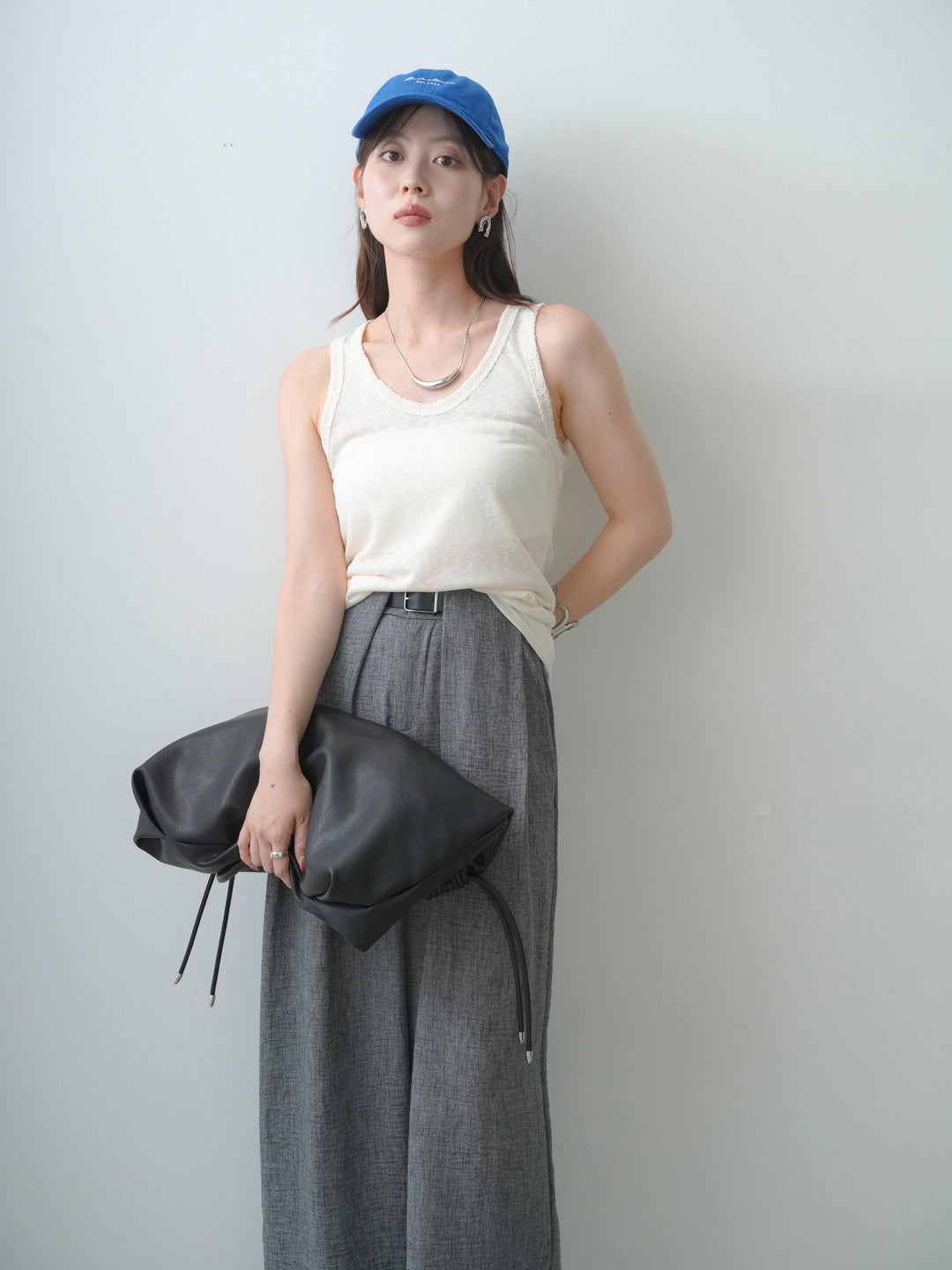 [SET]バックレースタンクトップ+リネンライクベルトループワイドパンツ(2set)