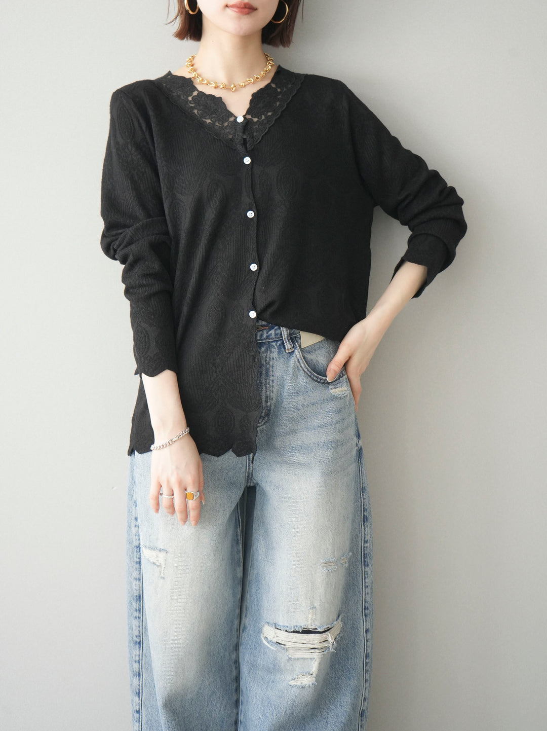 [SET]レースネックジャガードニットカーディガン+レースネックジャガードニットカーディガン(2set)