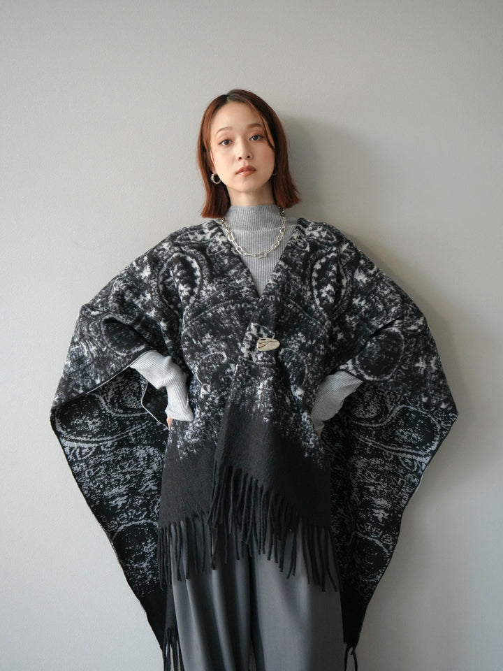 [予約]アブストラクト柄ストールポンチョ/ブラック