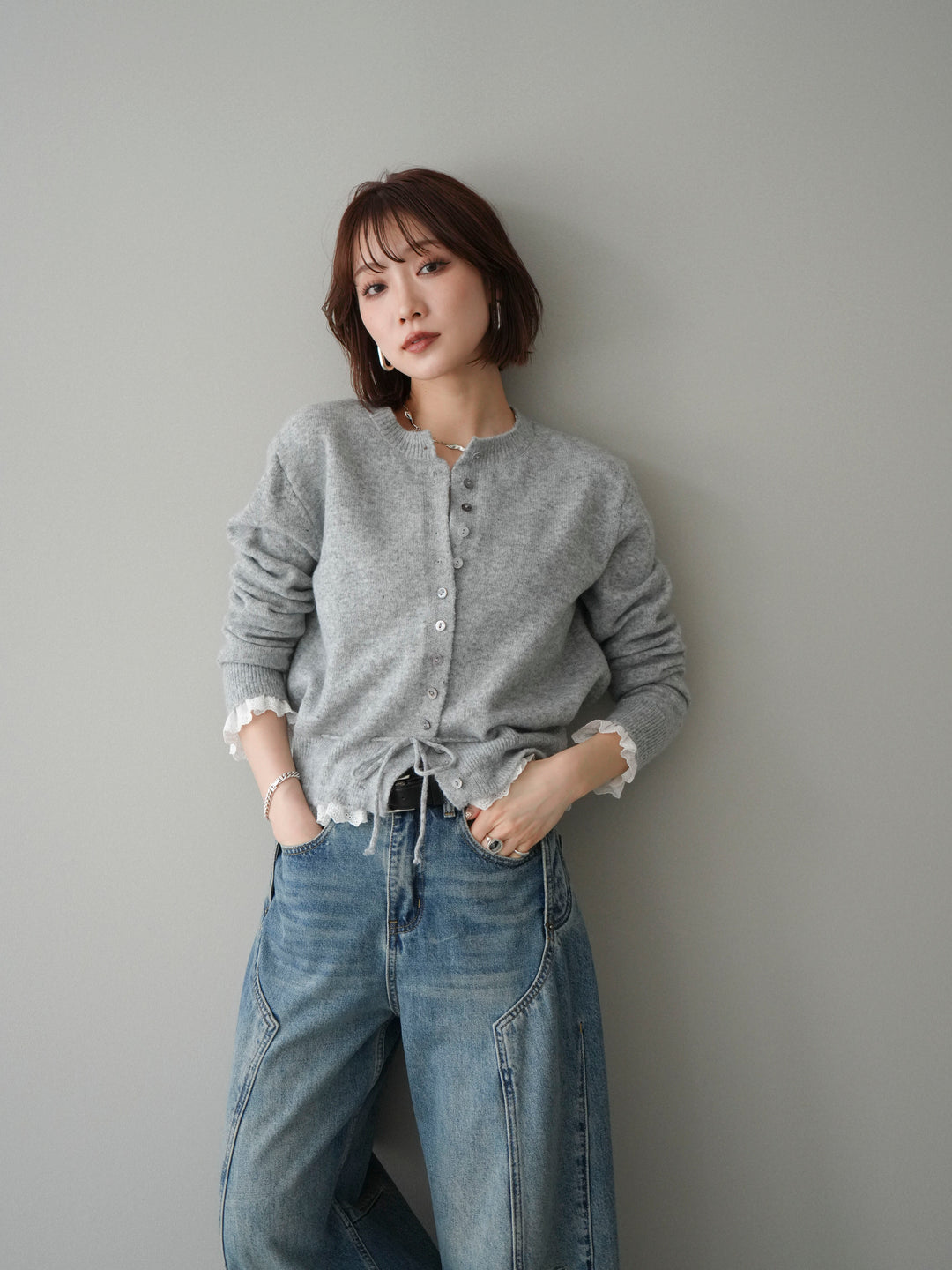 [SET]スカラップレース切り替ニットカーディガン+選べるアクセセット(2set)